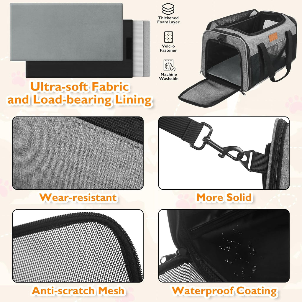 PETUX TSA Approved Pet Carrier in Cabin, 17"x11"x9.5" Soft Cat Carriers for Small Cat up to 12 lb and Puppy up to 10 lb, Top Open Portable Pet Carrier Airline Approved for Travel and Vet Visit (Grey)
