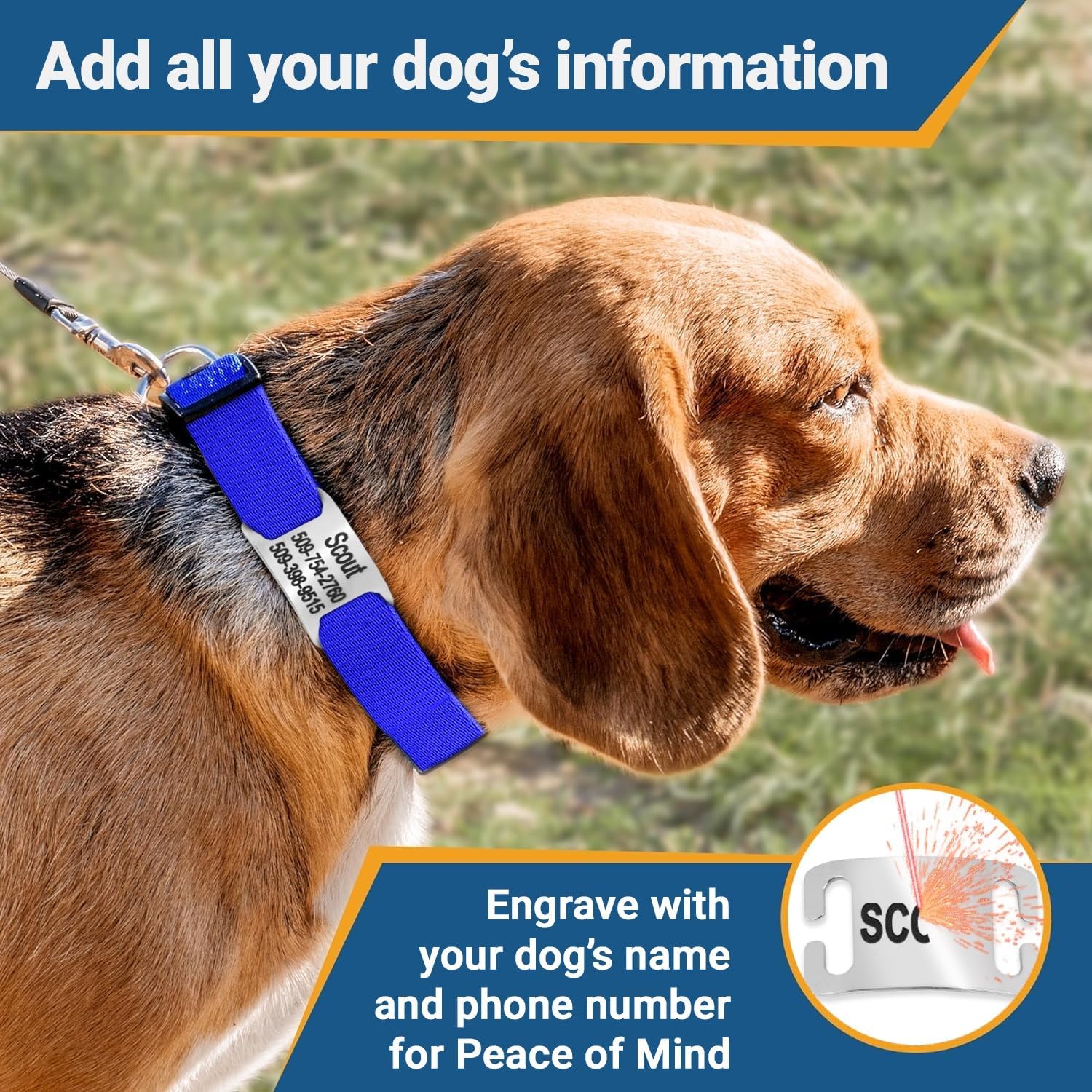 GoTags Reflective Personalized Dog Collar with Nameplate, Adjustable Dog Collar with Custom Engraved Steel Slide On Pet ID Tag, Silent, No Noise Dog Tag for Large Medium or Small (Beige, Small)