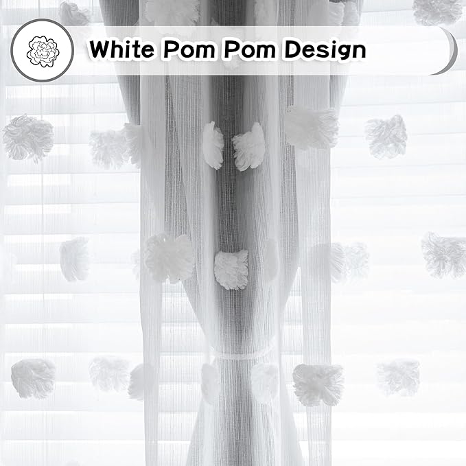 MYSKY HOME Grey Curtains for Bedroom 63 Inch Long Curtains for Kids Room Double Layer Nursery Curtains White Pom Pom Sheer Dining Room Grommet Room Darkening Window Curtains 2 Panels Set, 52 x 63 in