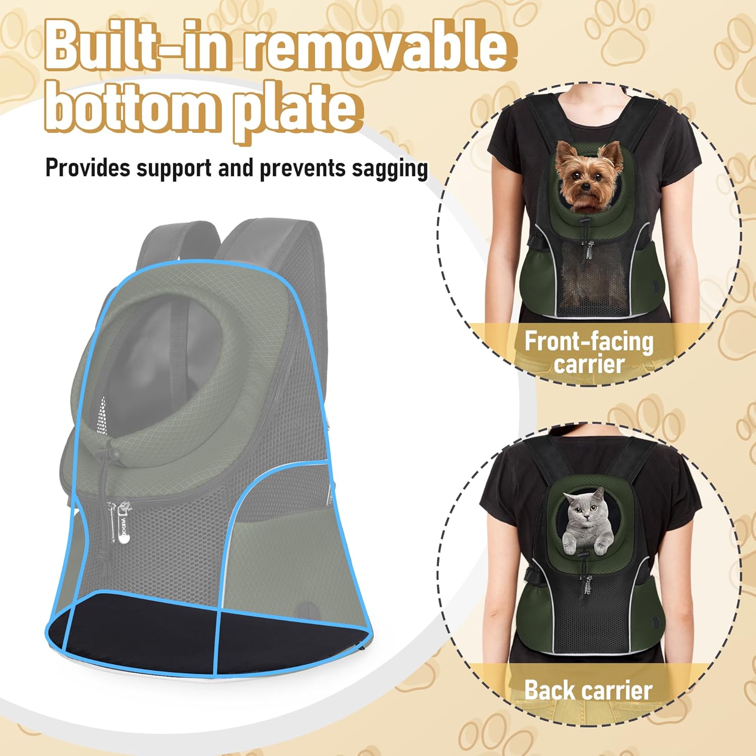 WOYYHO Pet Dog Carrier Backpack Small Dog Front Backpack Ventilated Mesh Dog Travel Back Pack with Safety Belt for Travel Hiking Cycling Outdoor Adventures (Size M: 5-9 lbs, Army Green)