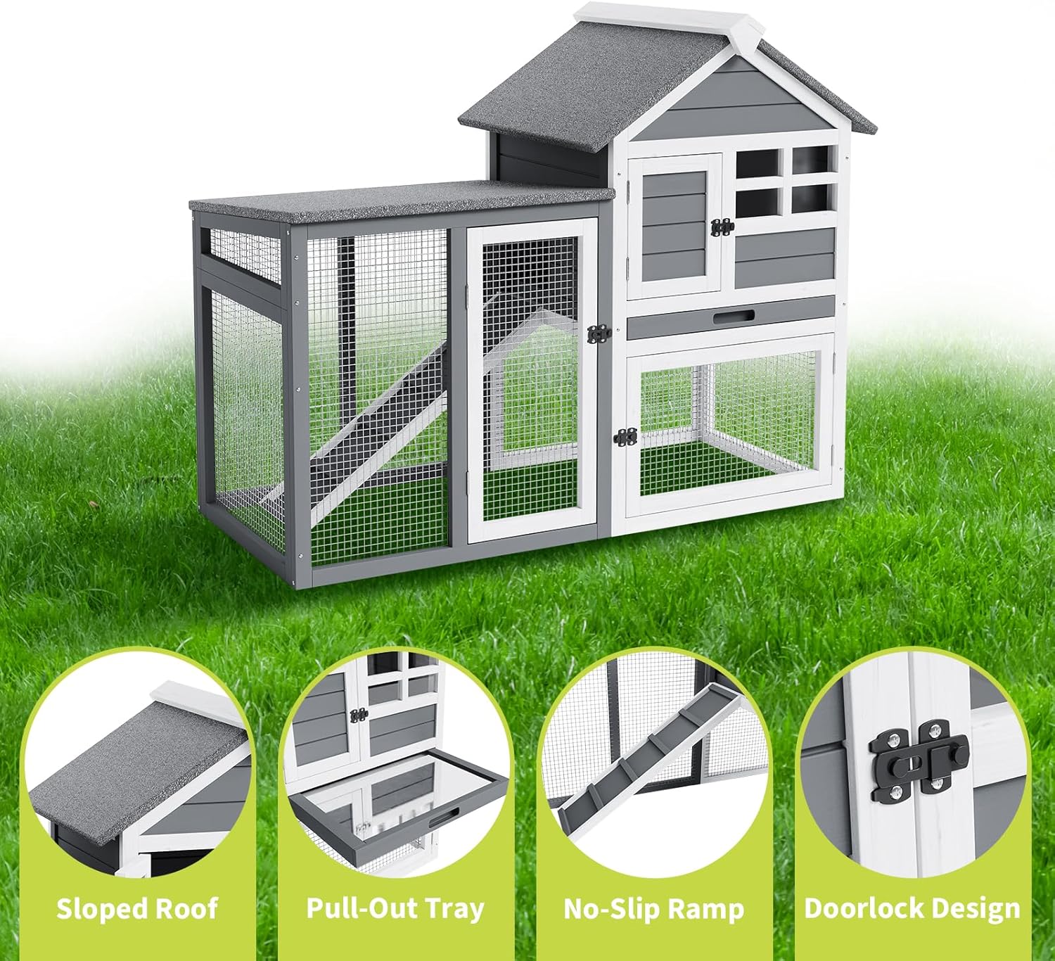 2-Tier Rabbit & Chicken House,Wooden Chicken Coop & Bunny Cage with Non-Slip Ramp, 4 Doors,Waterproof Roof & Pull-Out Tray,Outdoor/Indoor Pet Cage