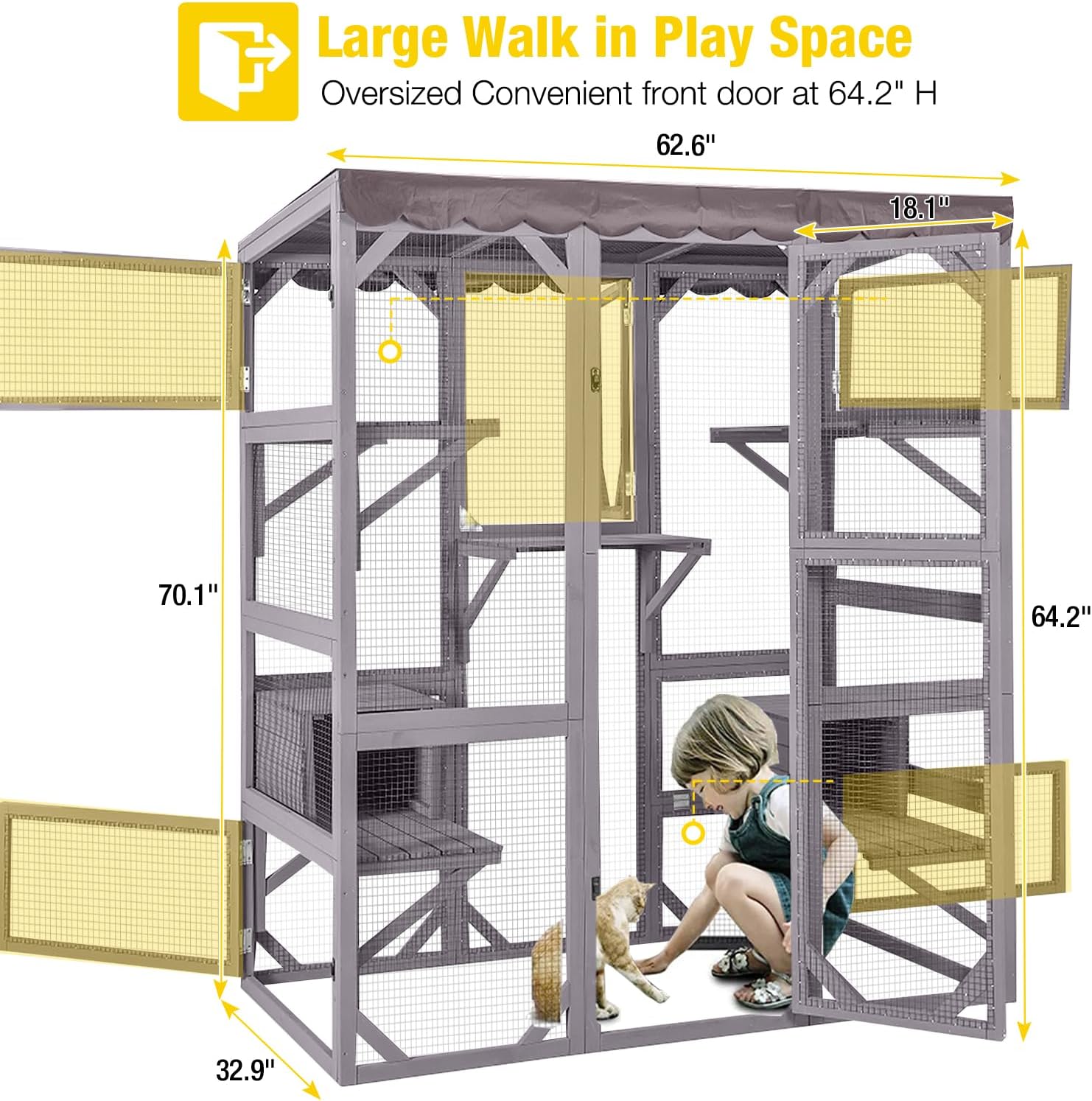 Aivituvin Catio Outdoor Cat Enclosure Large Cat House for Mulitiple Cats Walk in Kitty Cage with Tarp Roof 70"