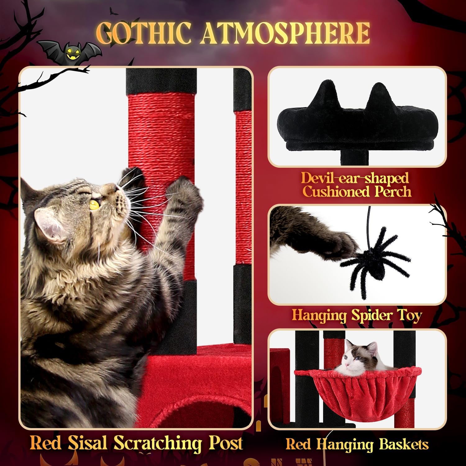 Globlazer Gohtic Giant Cat Tree, 83 inch Goth Cat Tree for Indoor Cats Large Adult, XXL Cat Tower with 9 Scratching Posts for 20lb+ Heavy Duty Large Adult Cats, F83, Blood-Goth