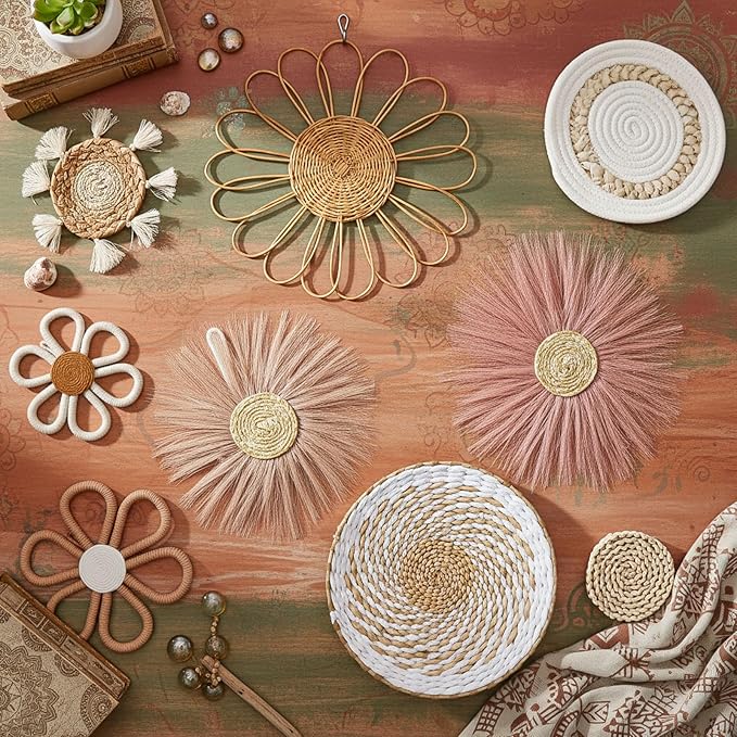 Chunful 9 Pcs Boho Nursery Wall Decor Daisy Flower Woven Macrame Seagrass Rattan Basket Wall Hanging Bohemian Decorations Gifts for Home Dorm Art Farmhouse Bedrooms Living Room(Pink Brown)