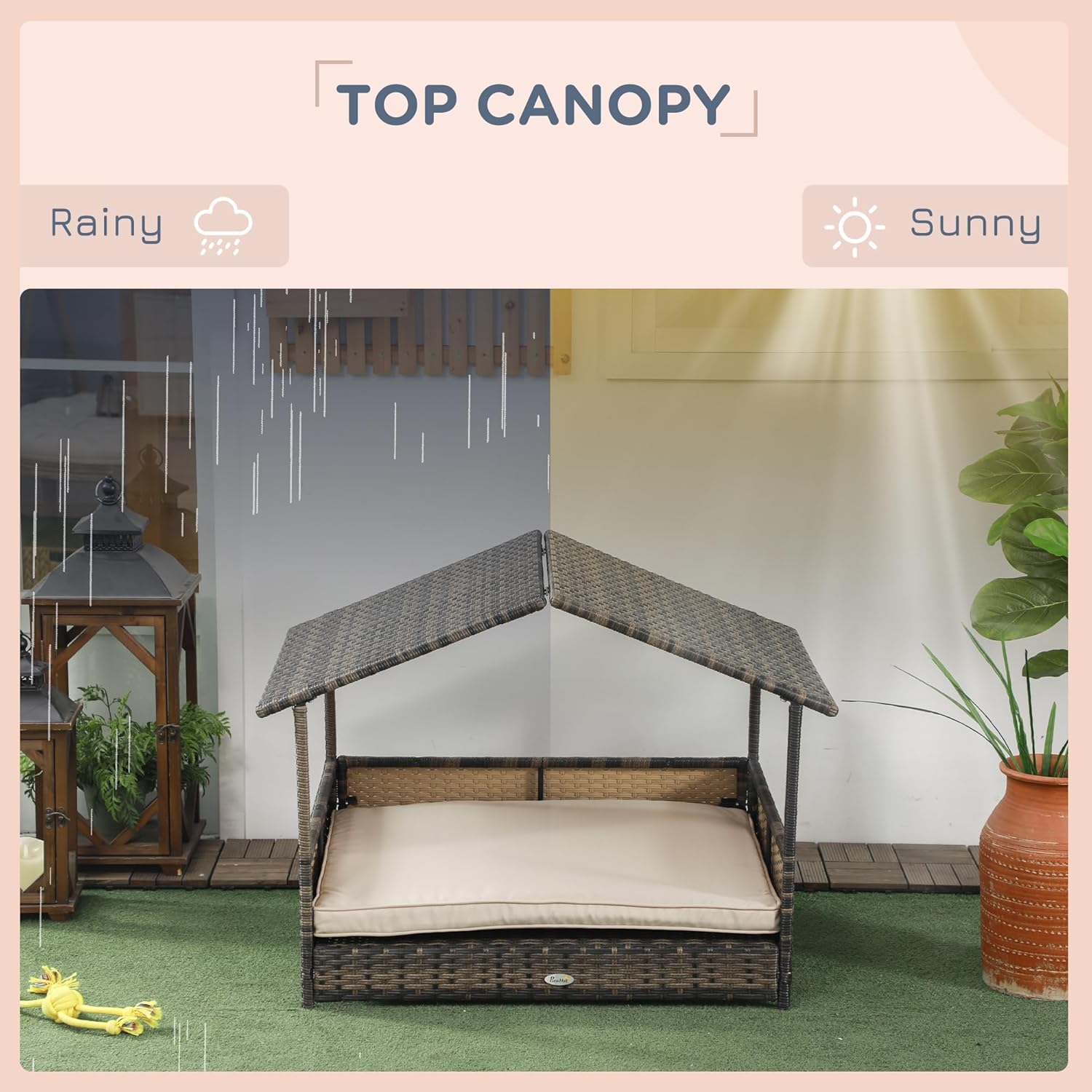 PawHut Wicker Dog House Outdoor with Canopy, Rattan Dog Bed with Water-Resistant Cushion, Raised Dog Bed for Small, Medium Dogs up to 66 lbs, 19.75" in Length, Brown Wicker, Khaki Cushion