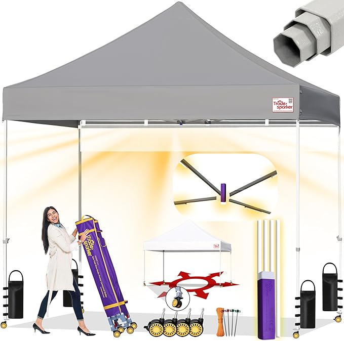 Tradesparker 10x10 Pop Up Canopy Tent,Commercial Movable Canopy with ApexCore LED & Rugged Casters-Instant Easy Setup Shelter Canopies with Weight Bags & Stakes for Oudoor Events Markets Vendors,Grey