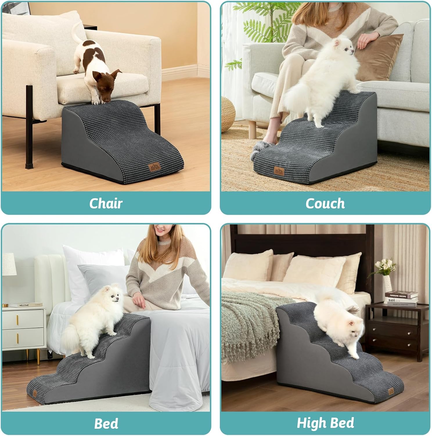 Dog Stairs for Small Dogs 19.7" H, Curved Dog Step for Puppy, Older or Cat, Medium Pet Ramp for Sofa, Couch or Bed, Ladder with High Density Foam, 15.7x28.3x19.7 inch, 4 Step, Dark Grey