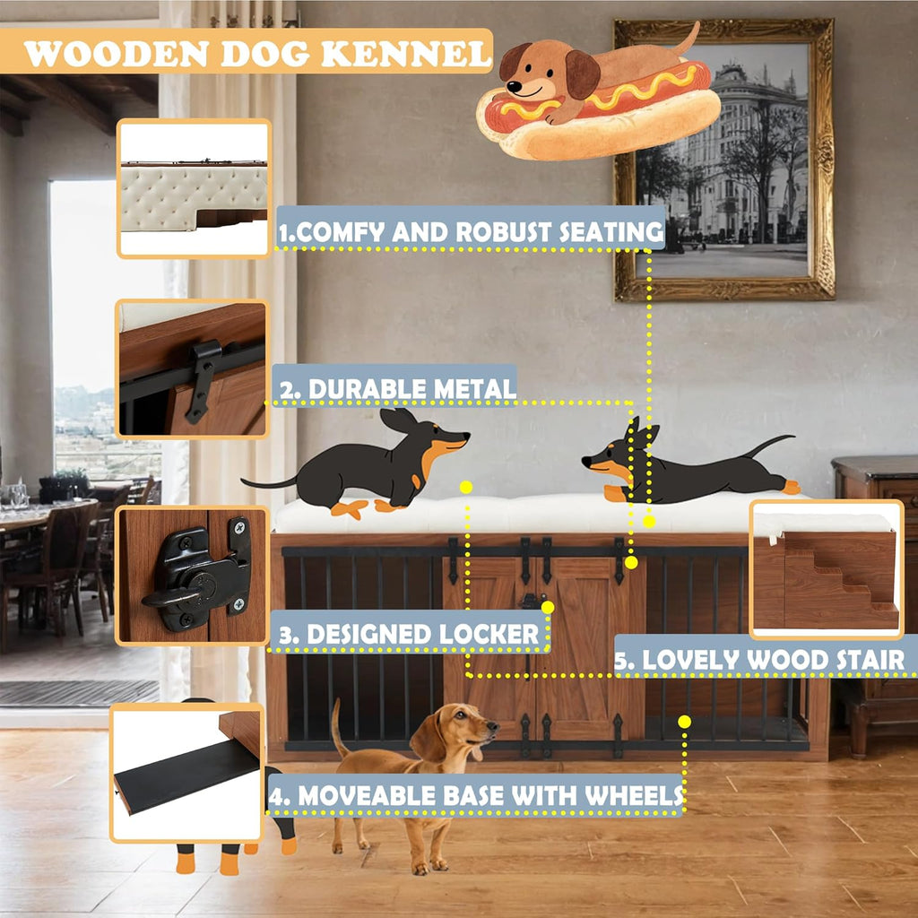 56" L Dog Crate Furniture with Padded Seat, End of Bed Bench Ottoman with Cushion, Wooden Dog Kennel with Pet Stairs & Sliding Barn Door for Bedroom, Living Room, Walnut