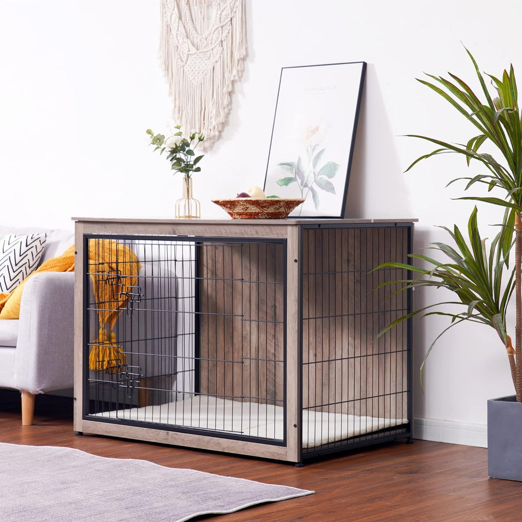 DWANTON Dog Crate Furniture with Cushion, Wooden Kennel Table with Double Doors, Indoor Dog House, Extra Large Size, 43.3" L, Greige