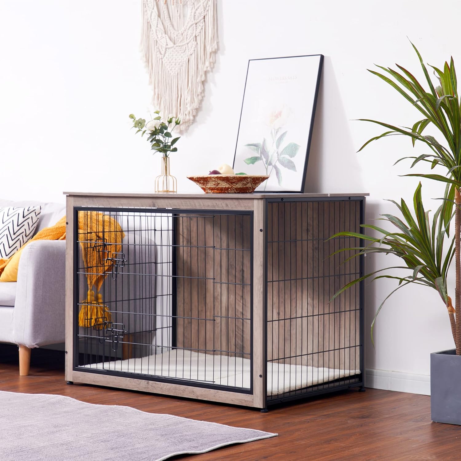 DWANTON Dog Crate Furniture with Cushion, Wooden Kennel Table with Double Doors, Indoor Dog House, Extra Large Size, 43.3" L, Greige