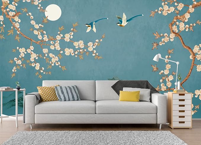Spring Flowers Bird Wallpaper Chinoiserie Tree Wall Mural Blue Background Wall Decals (Not Peel n' Stick)