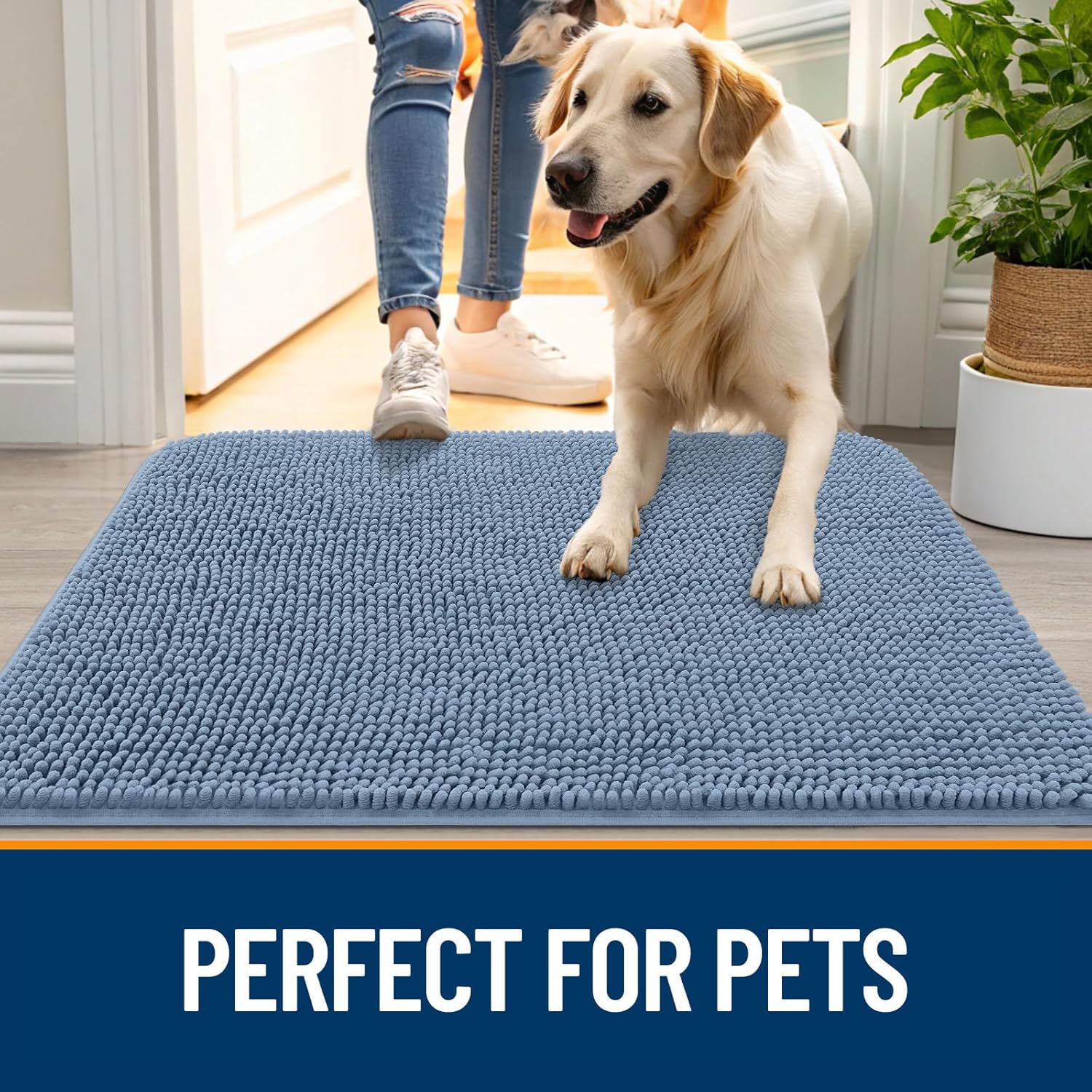 OLANLY Dog Door Mat for Muddy Paws 70x24, Absorbs Moisture and Dirt, Absorbent Non-Slip Washable Doormat, Quick Dry Chenille Mud Mat for Dogs, Entry Indoor Entryway Carpet for Inside Floor, Airy Blue