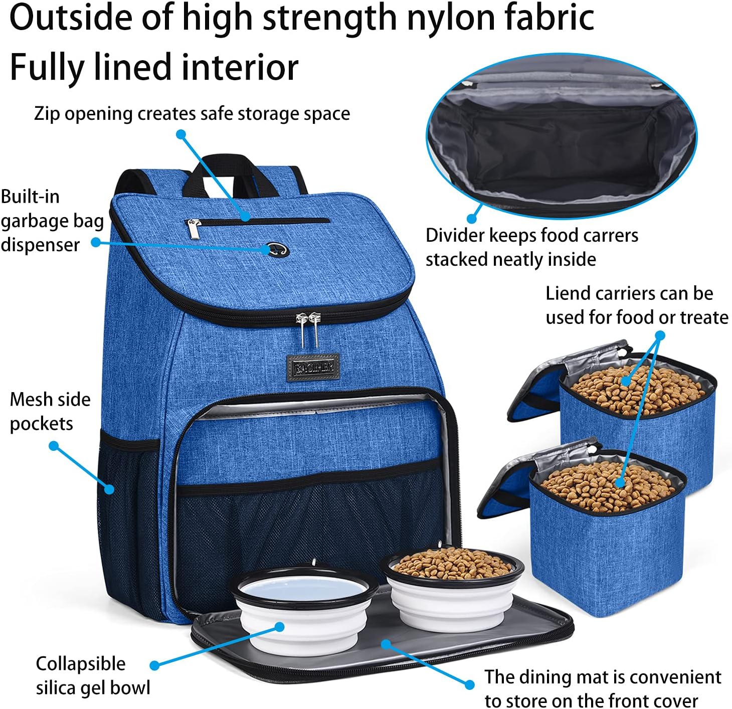 BAGLHER丨Dog Travel Bag, Airline Approved Pet Supplies Backpack, Dog Travel Backpack with 2 Silicone Collapsible Bowls and 2 Food Baskets