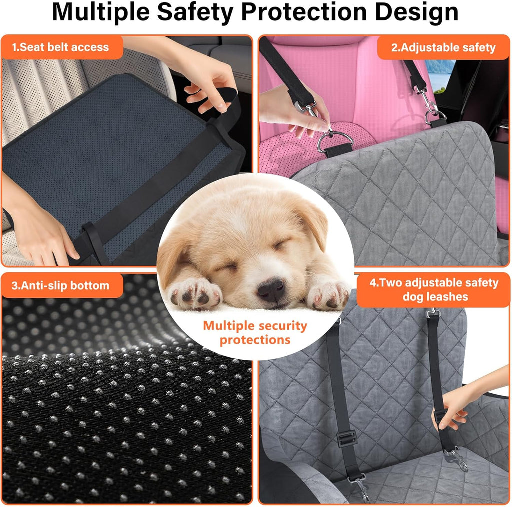 Dog Booster Car Seat, 6in Memory Foam Adjustable Booster Cushion for Small/Medium Dogs, Detachable and Washable Dog Car Seat with Cooling Mat, Pet Booster Seat with Storage Pockets, 2 Safety Belts