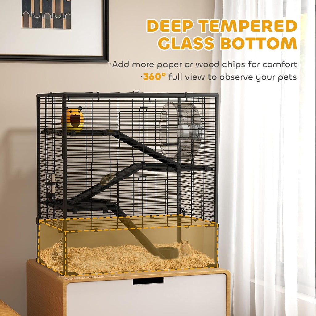 PawHut Large Hamster Cage with Deep Tempered Glass Bottom, 4 Tiers Hamster Tank with Running Wheel, Hut, Water Bottle, Dish, Rat Cage for Syrian, Dwarf, Gerbils, Mouse, 31" x 19" x 31.5", Black