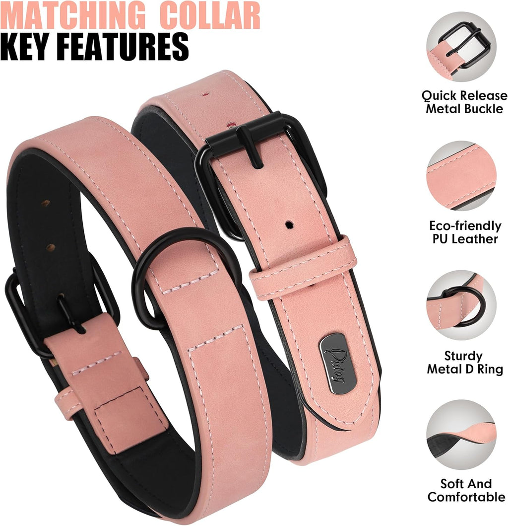 Didog Soft Padded Leather Dog Collar and Leash Set, Pink Breathable Pet Collars with 4FT PU Leather Dog Leash for Small Medium Large Dogs, Pink, XL