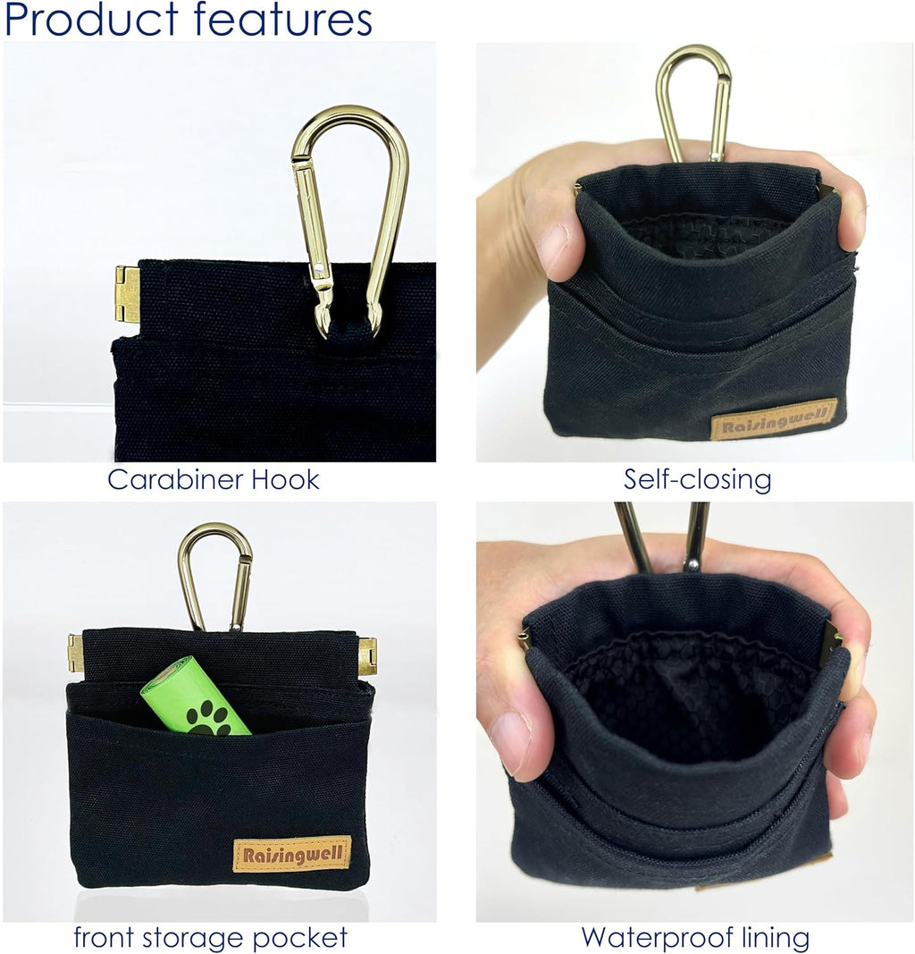 Dog Treat Pouch, Black Pocket Sized Pet Training Pouch, Cotton Fabric, Hand Free Dog Walking Bag with Carabiner, Self-Closing Pet Feed Snack Reward, for Pet Puppy Travel or Outdoor Use