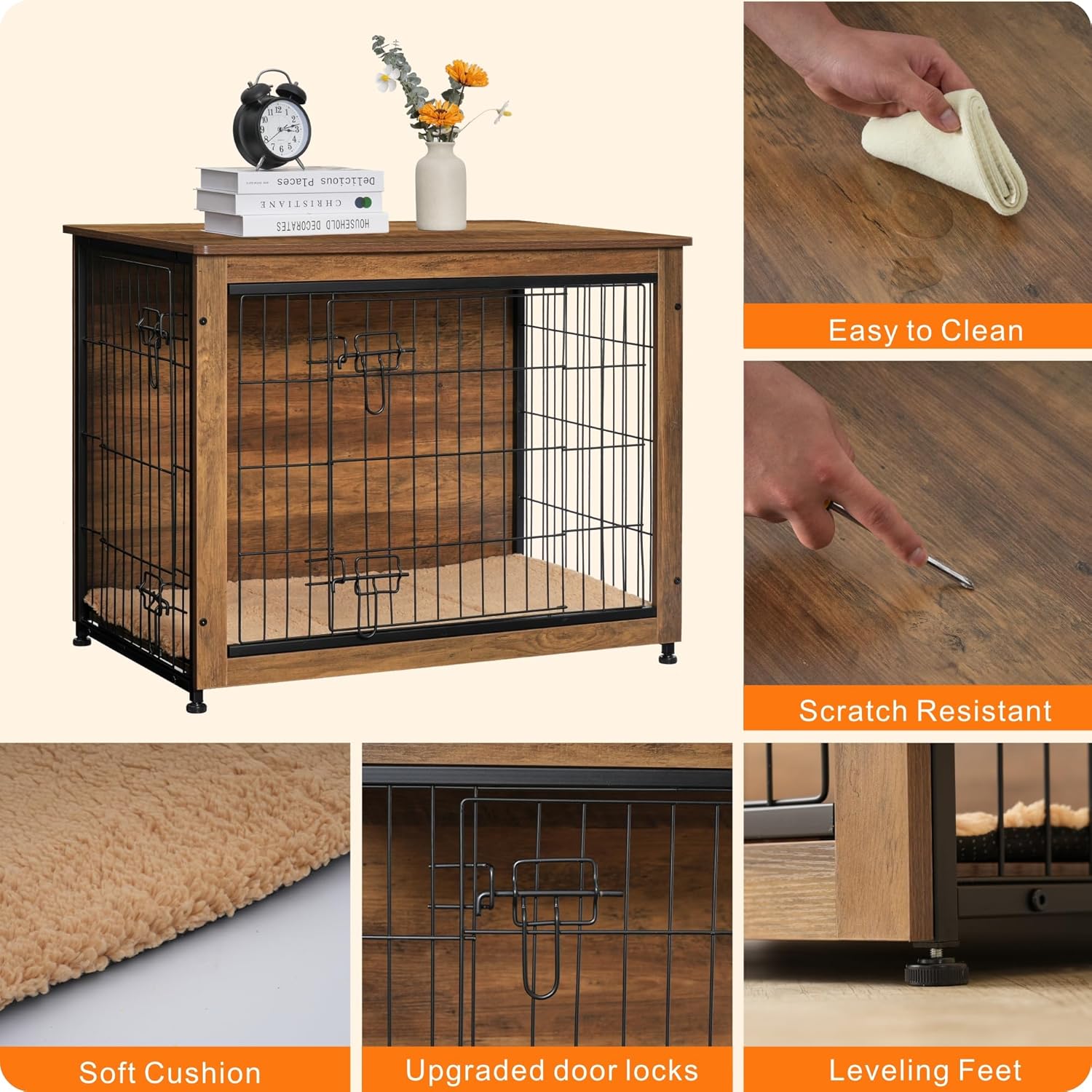 DWANTON Dog Crate Furniture with Cushion, Wooden Kennel Table with Double Doors, Indoor Dog House, Medium Size, 32.5" L, Warm Brown