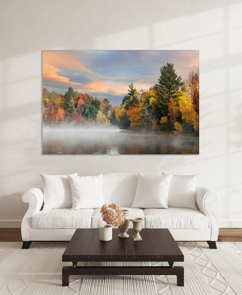 Nature Wall Art Prints - Ocean Forest Mountain Lake Canvas Landscapes - Small to Extra Large Living Room Bedroom Kitchen Bathroom Décor (Misty Fall Reflection, 20L" x 30W")