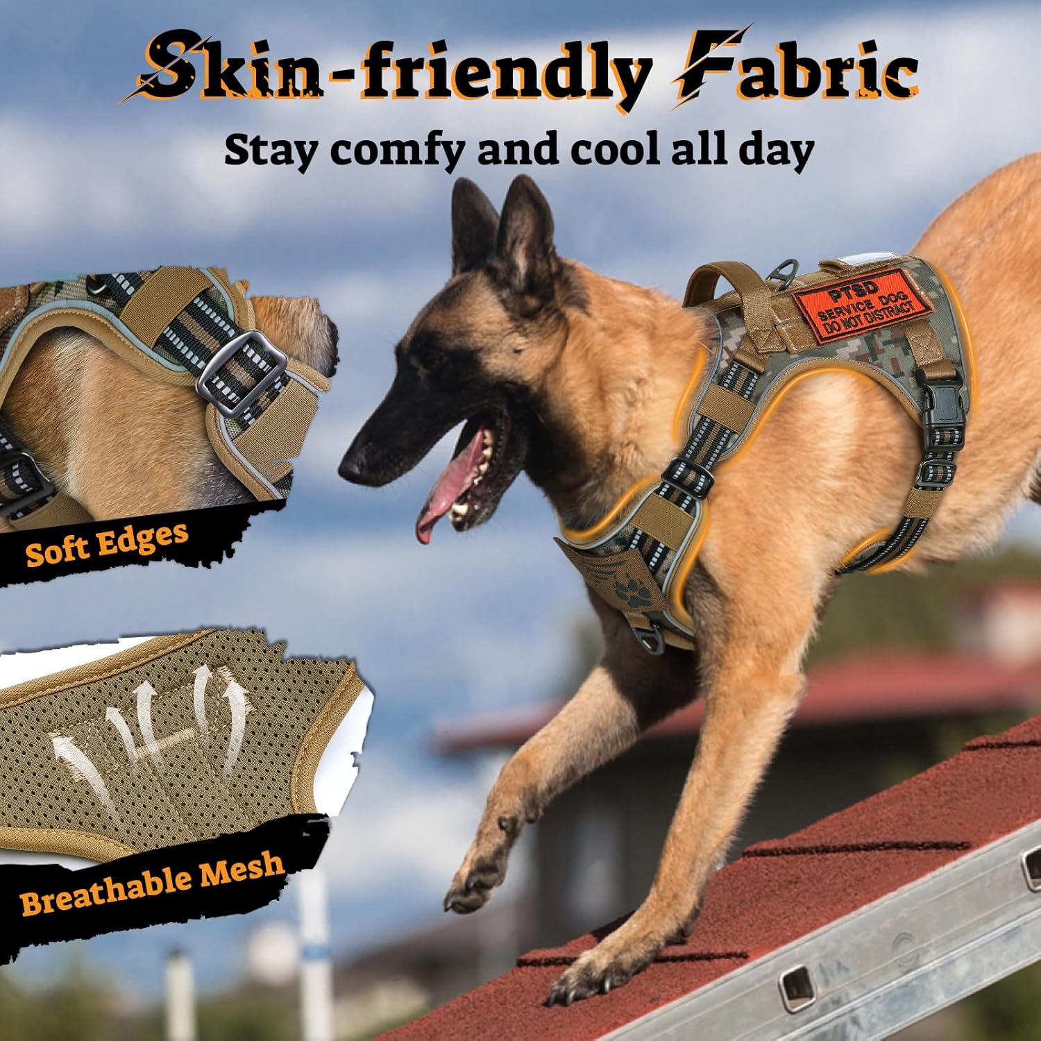 rabbitgoo Dog Harness for Large Dogs No Pull, Tactical Service Pet Vest with Molle and Control Handle, Adjustable and Reflective Military Harness for Easy Walking and Training, Desert camo, XL