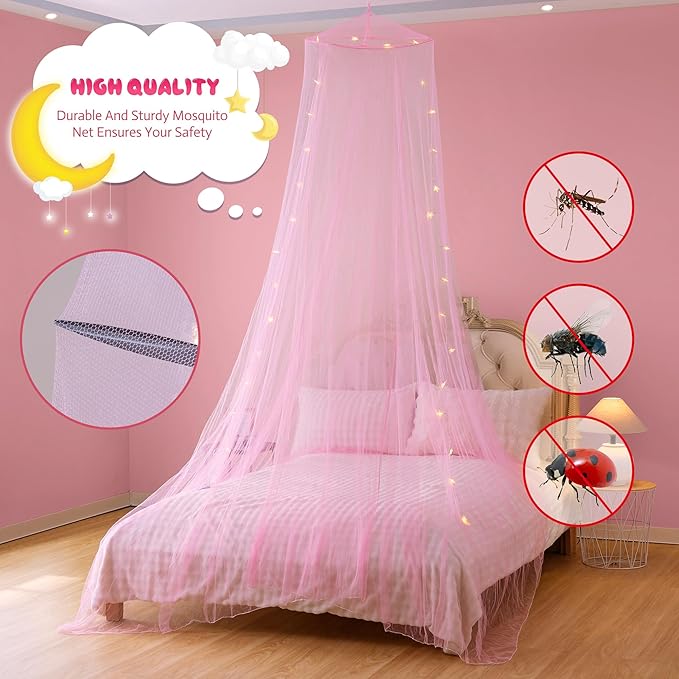 lazyzzz Bed Canopy for Girls with Glowing Stars, Canopy Bed Curtains Dome Mosquito Net for Queen King Size Kids Bed, Princess Room Decor Ceiling Tent for Baby Crib and Adult Bed