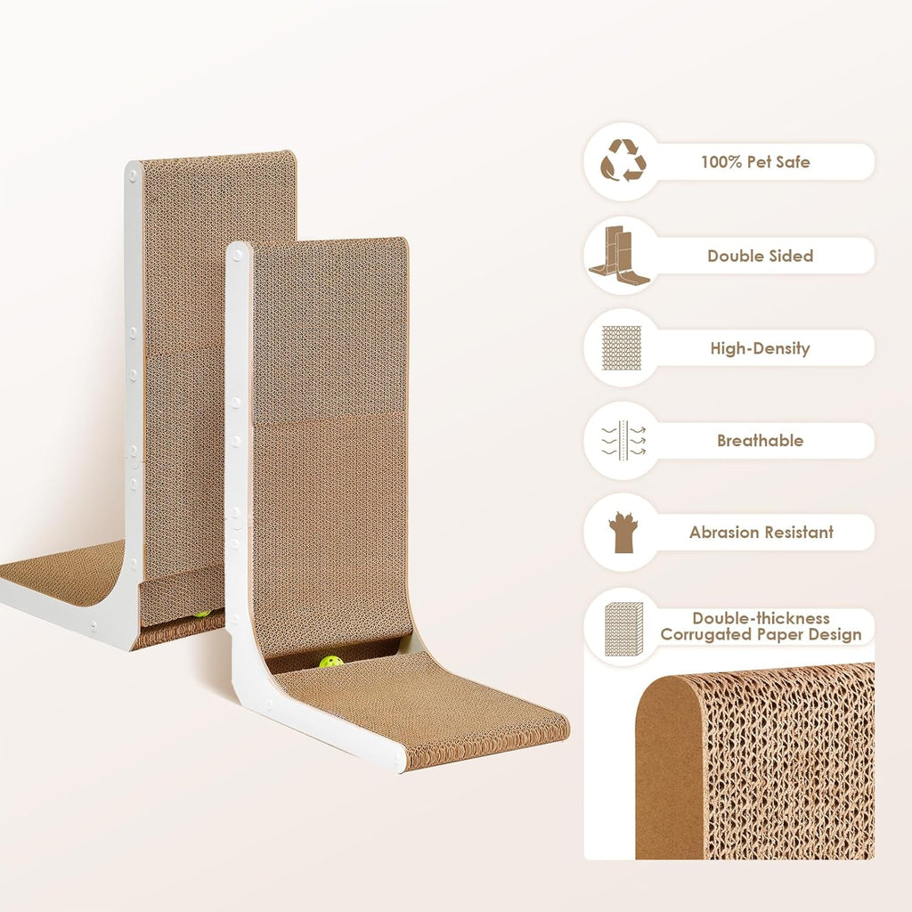 EHEYCIGA Cardboard Cat Scratcher for Indoor Cats, 26.8 Inch L Shaped Vertical Cat Scratching Board with Ball Cat Toy, Large Cat Scratcher Pad, White