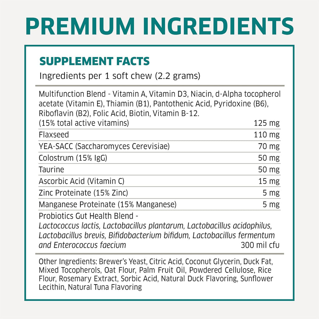 Dog Multivitamin - Dog Vitamins and Supplements - Digestive Enzymes & Probiotics - Probiotics for Dogs - for Skin and Coat Allergies - Immune System & Overall Health - 120 Soft Chew Dog Treats