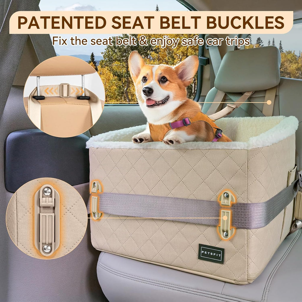 PETSFIT Small Dog Booster Car Seat, Soft Foam Puppy Carseat with Patented Safety Buckles, Storage Pockets and Detachable Clip-On Safety Leash, Dog Car Booster Seat for Medium Pet Under 30 LBS (Khaki)