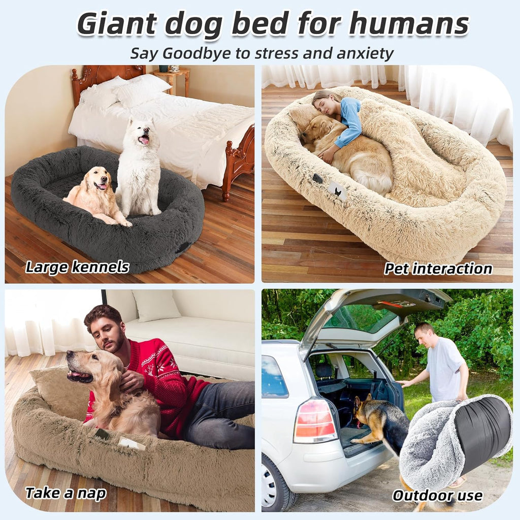 Human Dog Bed, 71''x45''x12'' Size Fits You and Pets, Washable Faux Fur Pet Bed for People Doze Off, Napping Orthopedic Dog Bed, Present Plump Pillow, Blanket, Strap - Pink