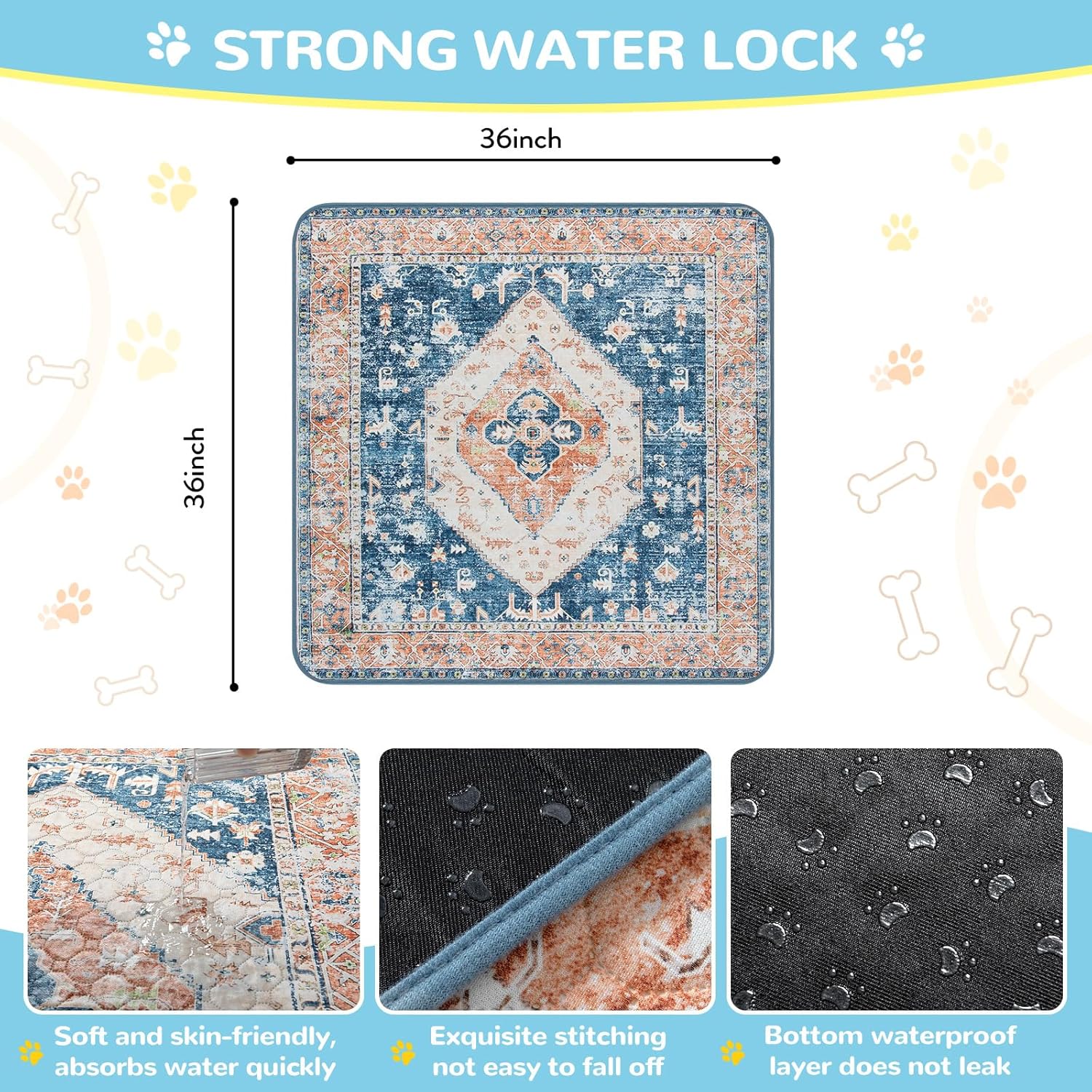Lahome Super Absorbent Washable Pee Pads for Dogs - Secure Floor Protection - Non-Slip, Leakproof Reusable Pads for Training, Crates & Playpens (2 Pack, 36"x36", Beige Blue)