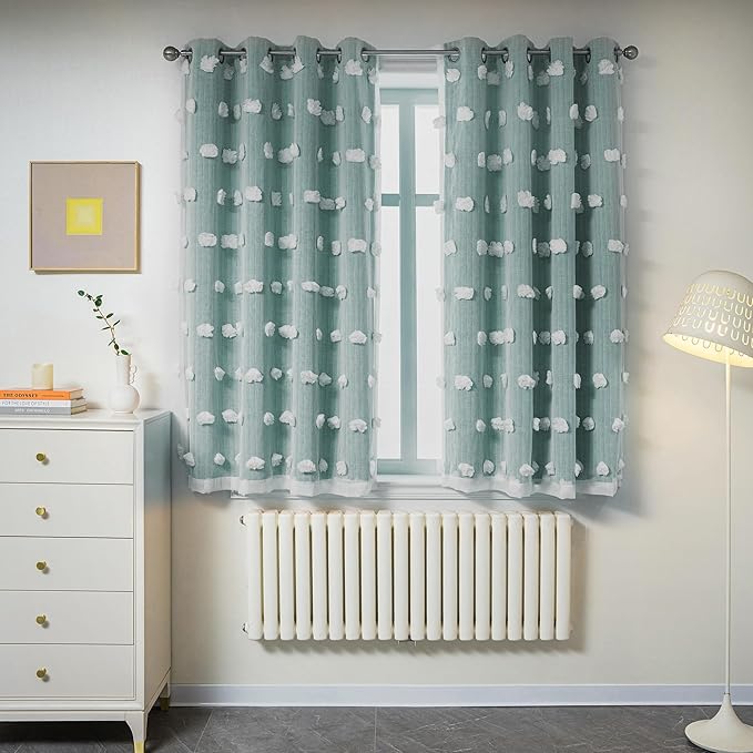 MYSKY HOME Kids Curtains for Boys Bedroom Room Darkening Grommet Double Layer Curtains for Son Room Decor 63 Inches Long White Pom Pom Sheer Blackout Curtains 2 Layers Teal 52 x 63 Inch 2 Panels