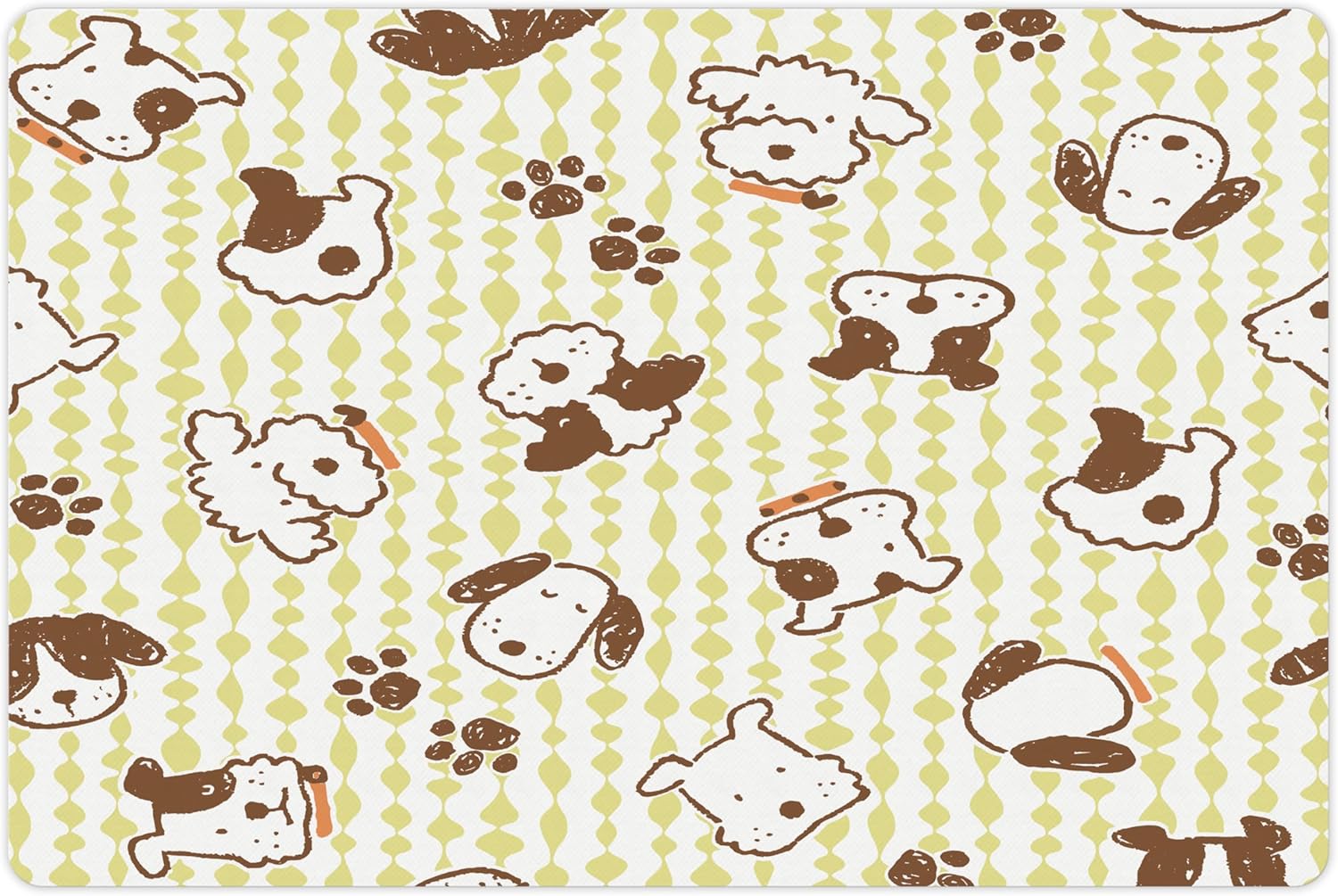 Lunarable Dog Pet Mat for Food and Water, Modern Pattern with Puppy Dogs and Paws Doodle Style Design Pet Animal Print, Rectangle Non-Slip Rubber Mat for Dogs and Cats, White and Green
