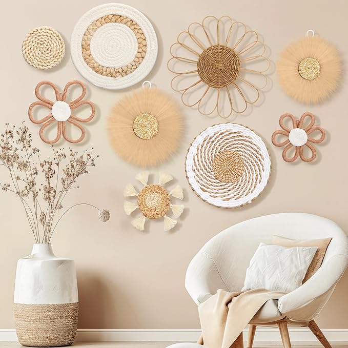 Chunful 9 Pcs Boho Nursery Wall Decor Daisy Flower Woven Macrame Seagrass Rattan Basket Wall Hanging Bohemian Decorations Gifts for Home Dorm Art Farmhouse Bedrooms Living Room (Boho)