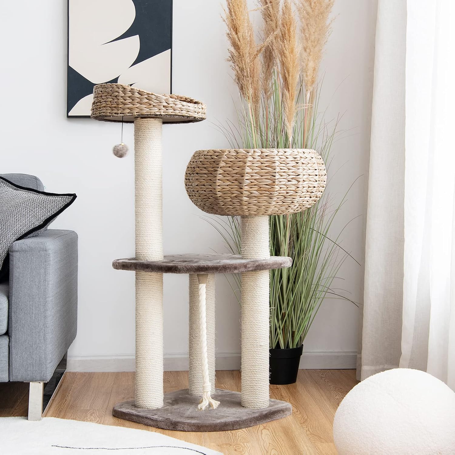Tangkula Modern Cat Tree for Indoor Cats, Small/Tall Cat Tower with Natural Sisal Scratching Post, Hand-Made Wicker Cat Condo & Top Perch, Funny Hanging Toy Ball, Cute Cat Tree Tower for Large Cats