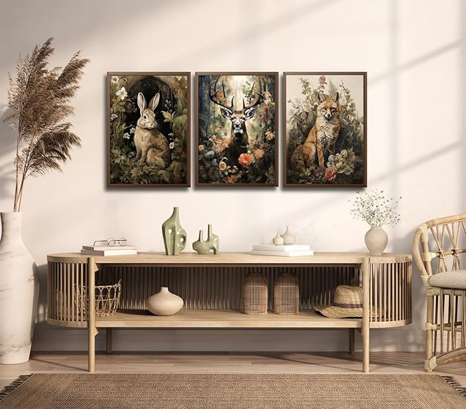 3pcs Vintage Forest Animal Canvas Wall Art Wild Animal Deer Rabbit Fox Paintings Pictures Dark Academia Wall Decor Gothic Botanical Posters Print Artwork for Living Room Office Decor 12x16in Unframed