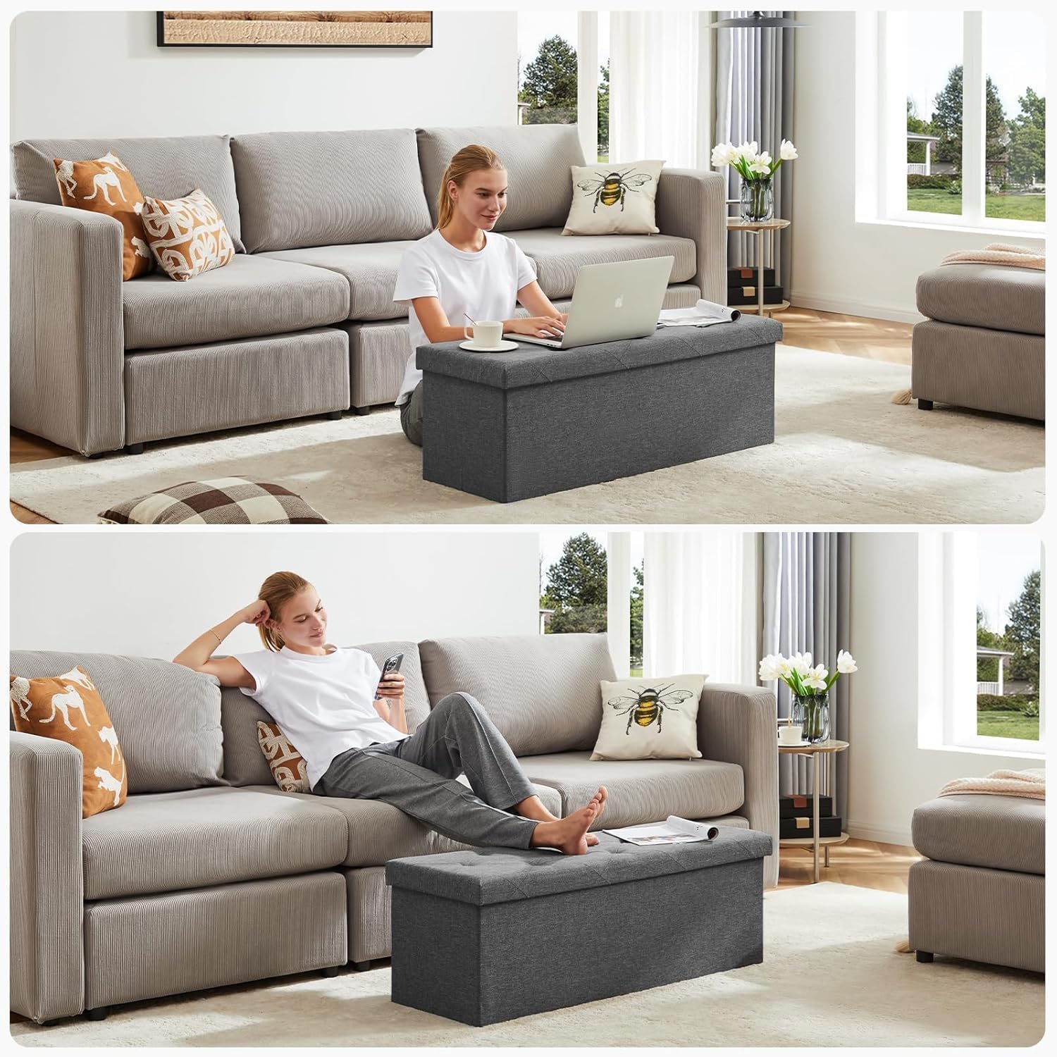 Sweetcrispy 43in Foldable Storage Ottoman, Storage Chest for Bedroom End of Bed, Large Ottoman Bench Foot Rest Stool with Padded Seat for Entryway Living Room, Support 660lbs 154L-Linen Cloth Grey