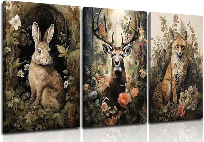 3pcs Vintage Forest Animal Canvas Wall Art Wild Animal Deer Rabbit Fox Paintings Pictures Dark Academia Wall Decor Gothic Botanical Posters Print Artwork for Living Room Office Decor 12x16in