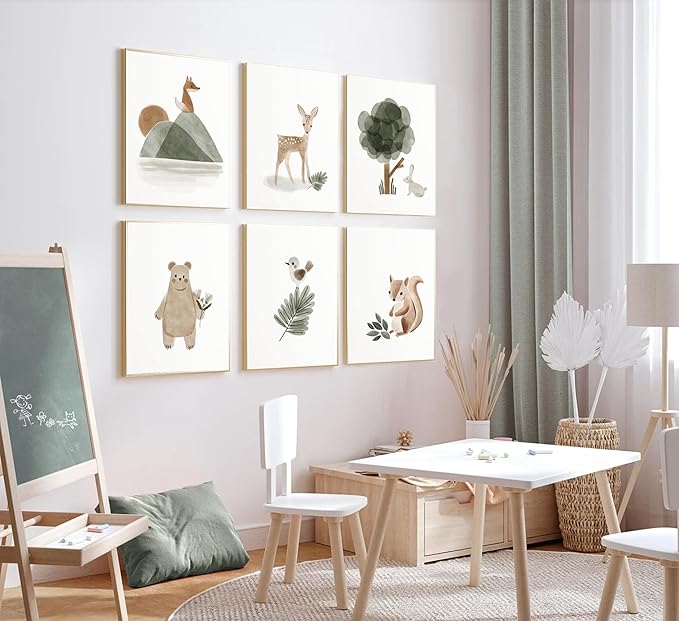 6 Pieces Woodland Nursery Canvas Wall Art Neutral Sage Green Bohemian Minimalist Forest Animals Paintings Pictures Wall Decor Poster Print Artwork For Kids Room Baby Room Boys Girls Bedroom Frameless