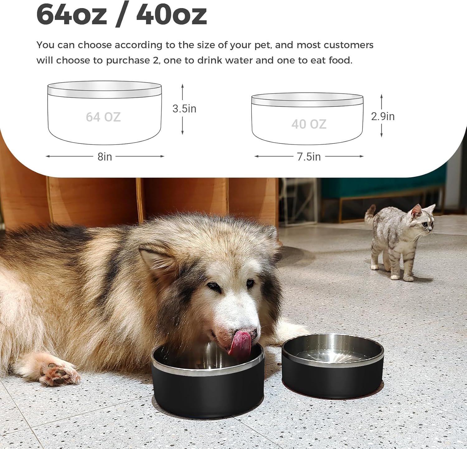 Dog Bowl, Stainless Steel Dog Food and Water Bowl with Non Slip Quiet Bottom, Easy to Clean, Dishwasher Safe, 64oz, Black