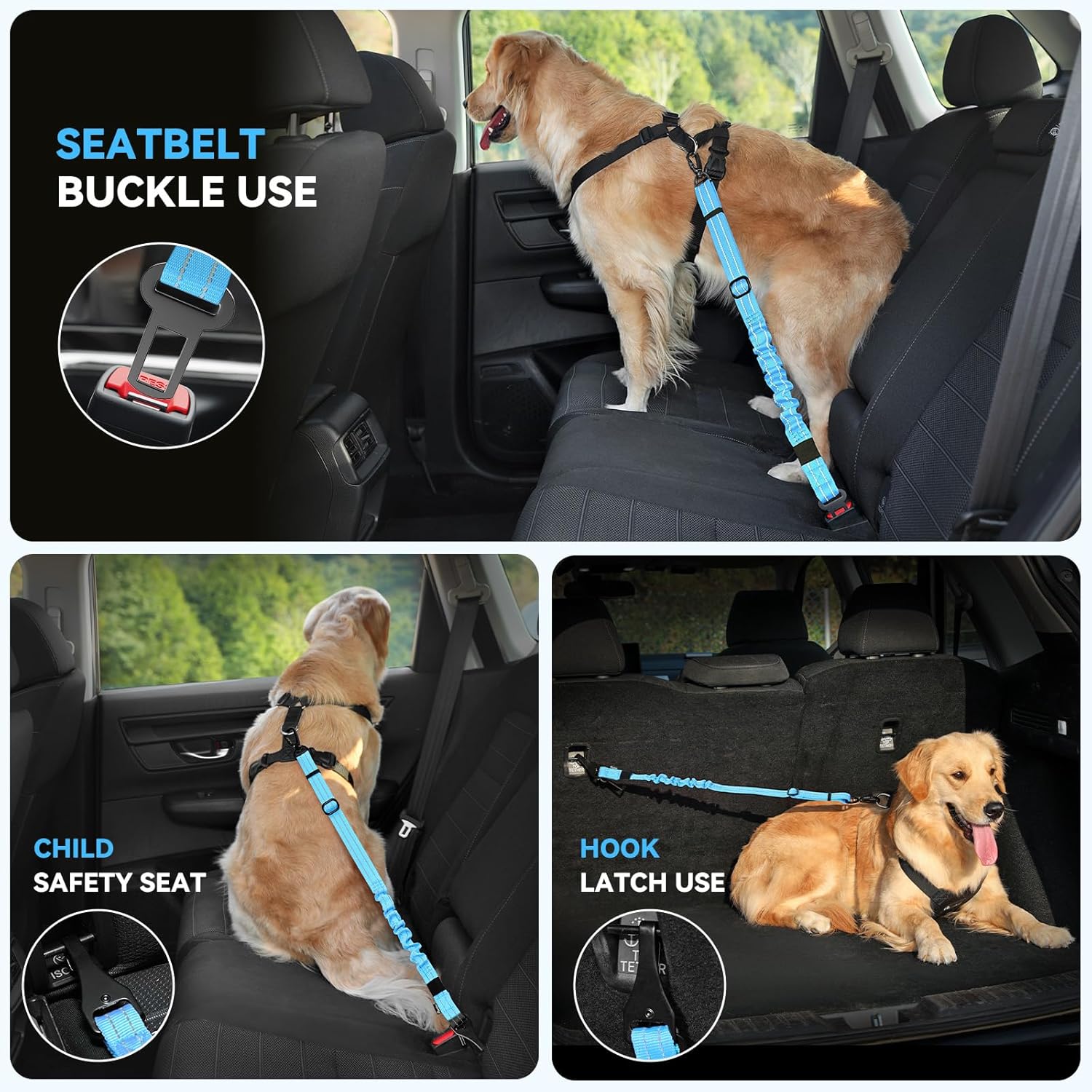 Pawaboo 2Pack Dog Seatbelt for Car, 3-in-1 Dog Seat Belt Bungee, Shockproof Dog Tether for Car with Buckle & Hook Latch, Adjustable Reflective Dog Car Harness Leash with 360° Lockable Buckle, Blue