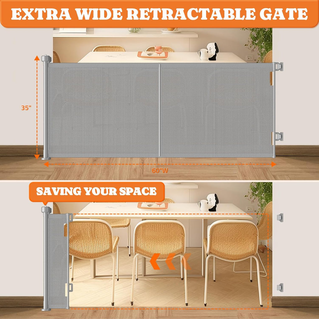 Upgrade Retractable Baby Gates, 35" Tall Extends up to 60" Wide, Mesh Dog Gate Indoor for Stairs, Outdoor Reinforced Pet Gate with Support Rods for Doorways Hallways Kitchen Bedroom, Grey