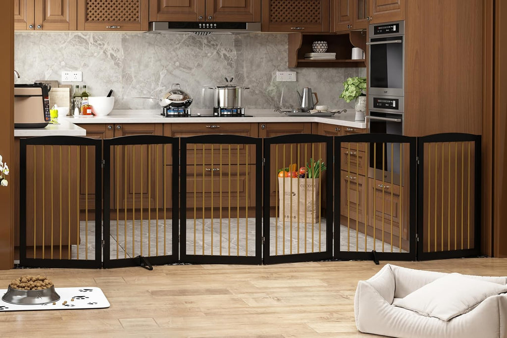 Freestanding Pet Gate for Dogs, Indoor Wooden Dog Gate for House, Extra Wide Dog gate, Foldable Dog Gate for Stair, Doorway, Hall, Support Feet Included, 120 Inch Wide, 6 Panels 32",Black&Gold