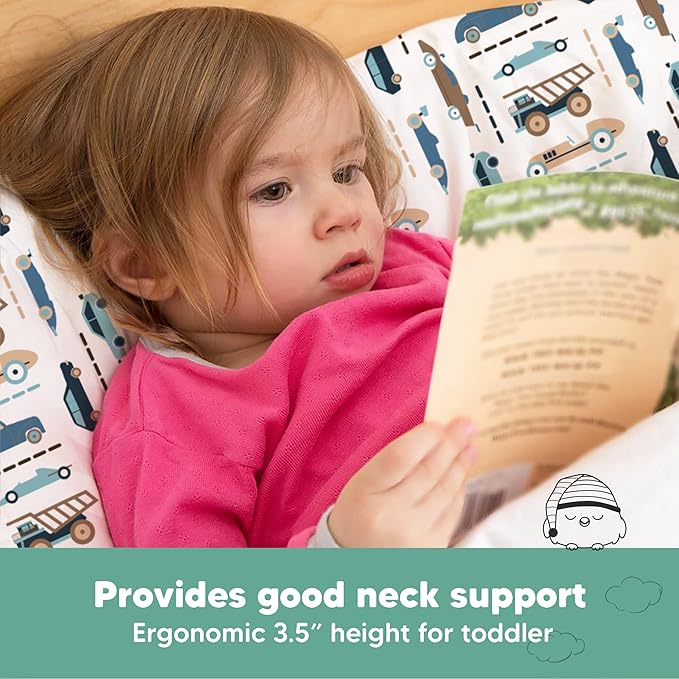 Toddler Pillow with Pillowcase - 13x18 My Little Dreamy Kids Travel Bed Pillows for Sleeping, Organic Cotton Small Pillowcase, Soft & Breathable, Machine Washable, Toddlers 2-5 Years Old (Vroom)