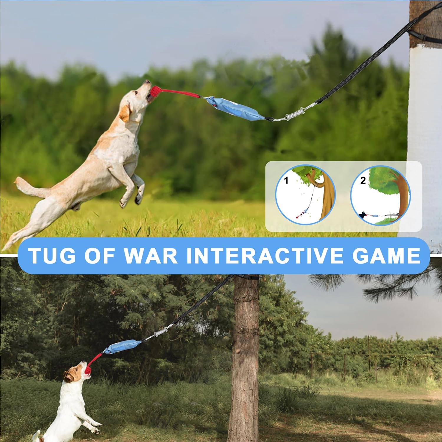 Dog Tree Tug of War Toy with Squeaky, Tethered Tug of War Outdoor Toy Self Play for Aggressive Chewers, Durable Bungee Cord with Chew Ball