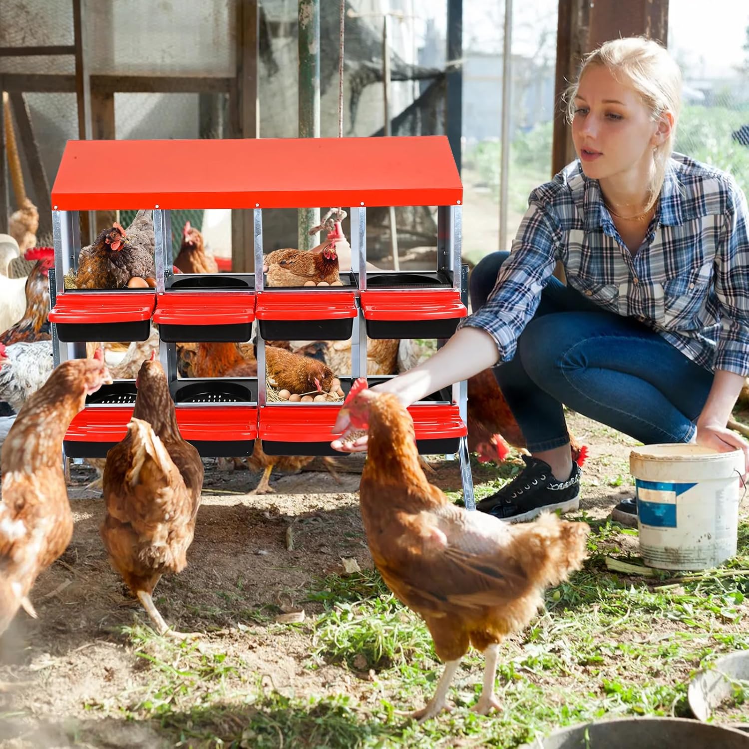 Nesting Boxes for Chickens, Chickens Laying Boxes for Chicken Coop with Legs, 8 Compartments Chicken Nesting Boxes, with Removable Tray, Easy Cleaning, for Hens Outdoor Chicken Coop Farm Yard, Red