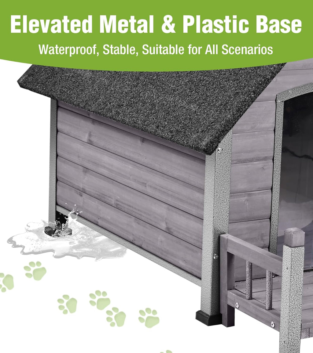 GUTINNEEN Insulated Dog House Outdoor, Waterproof Dog Kennel with Anti-Bite Design, Asphalt Roof, Elevated Base, PVC Curtain, for Small to Medium Dogs - Grey