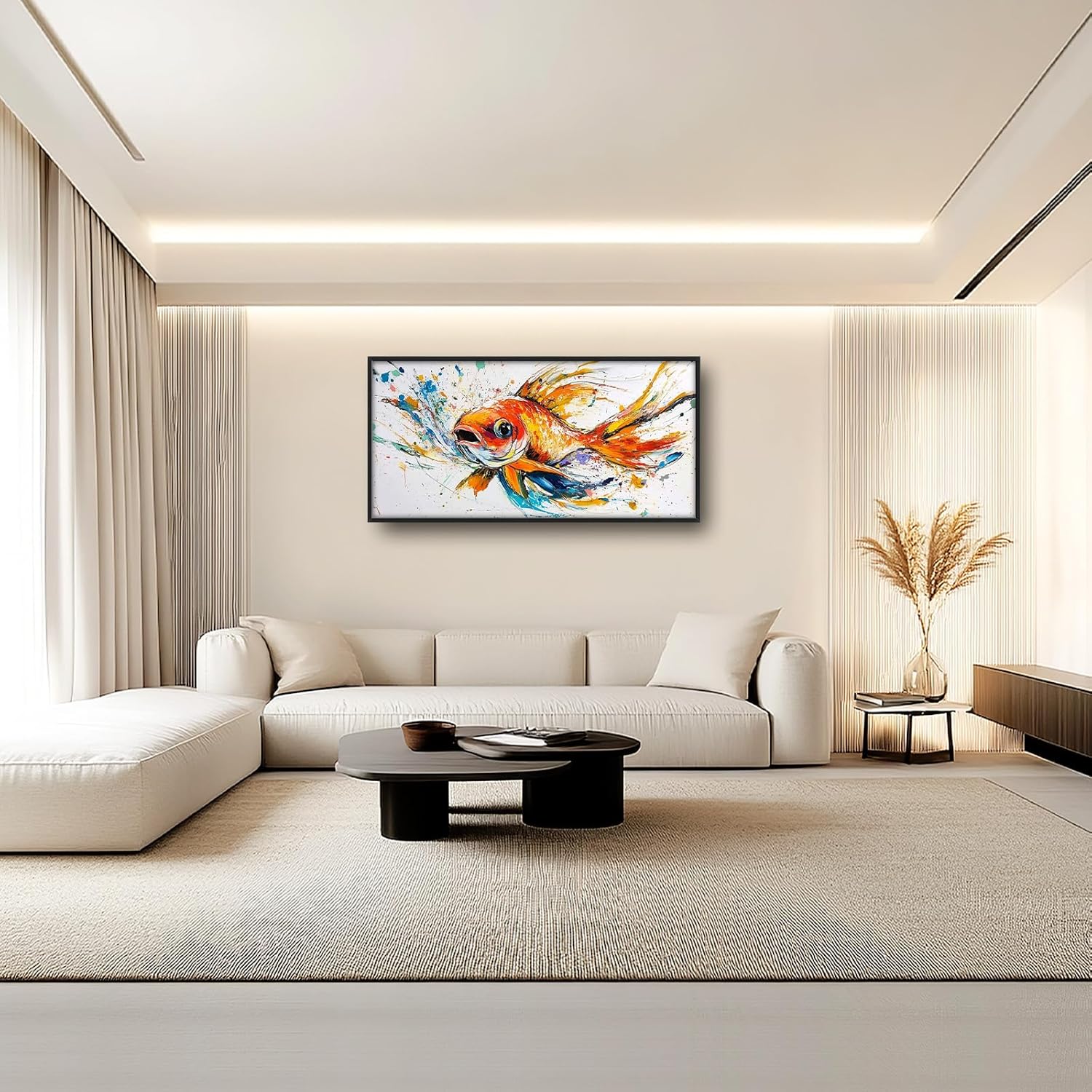 Framed Large Fish Wall Art for Living Room, Oversized Graffiti Goldfish Wall Decor Watercolor Fishing Canvas Painting Modern Artwork Home Decoration for Living Room Bedroom Office 60"x30"