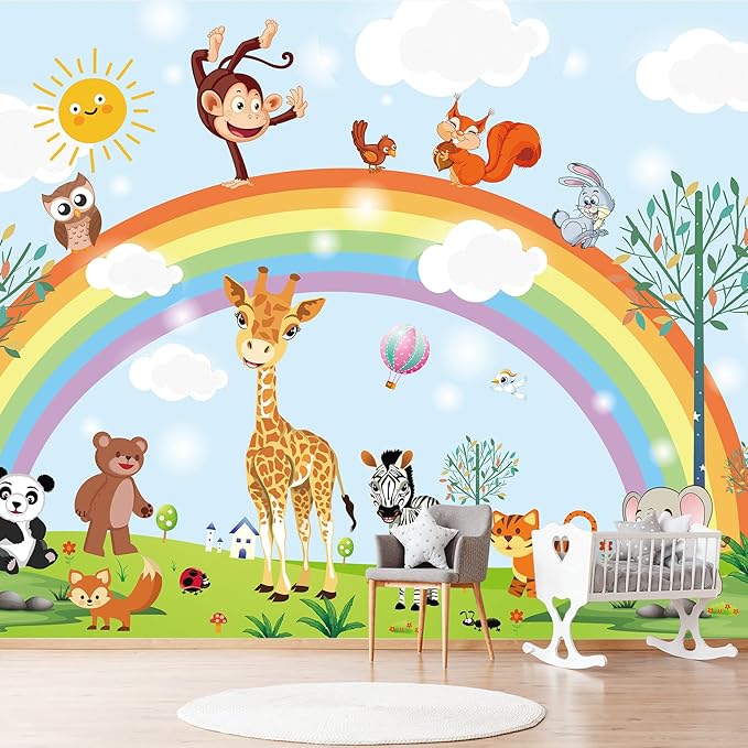 Rainbow Kids Wallpaper Nursery Cartoon Animal Fairy Colorful Wall Mural for Bedroom Living Room (Not Peel n' Stick)