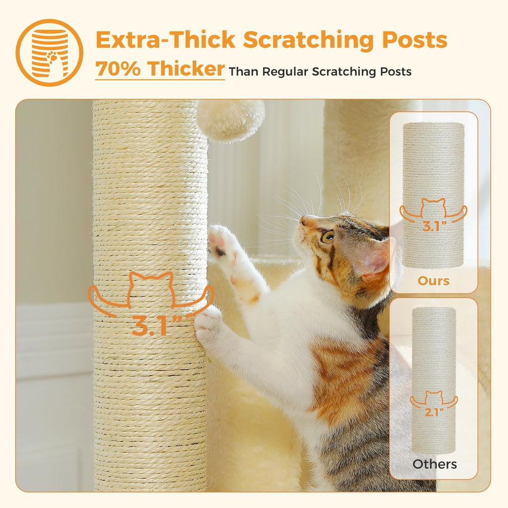 Large Cat Tree with Reinforced Scratching Posts (φ3.1in) for Big Adult Cats 30 lbs, 57.8" Heavy Duty Cat Tower with Larger Hammock and Condo, Cat Furniture for Maine Coon, Plush,Beige