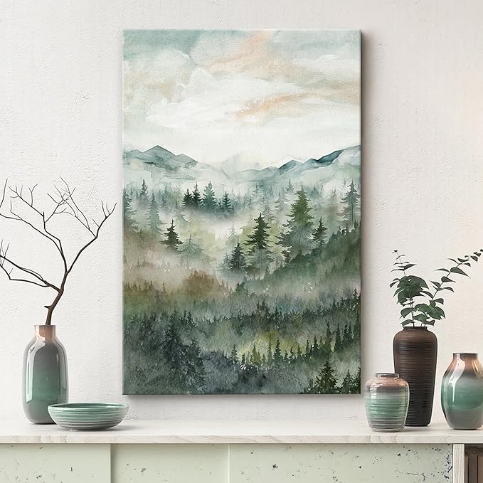 SIGNWIN Canvas Print Wall Art Misty Forest Landscape Watercolor Serene Mountain Pine Trees in Fog Illustrations Modern Art Decorative Landscape for Living Room, Bedroom, Office - 16"x24"